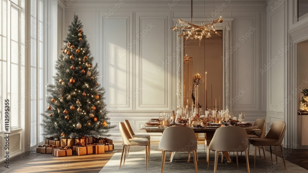 Dining room interior featuring a Christmas tree and a festive table setup Dining room interior featuring a Christmas tree and a festive table setup