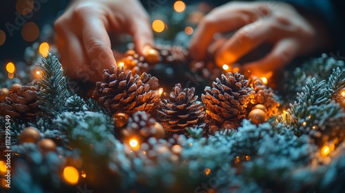 Hands carefully decorating a Christmas wreath made of frosted pinecones and green fir branches, with warm glowing string lights adding a festive holiday touch. AI generated. photo