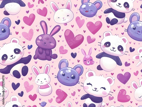 Cute cartoon animals and hearts pattern in pastel colors.