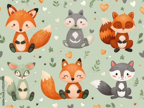 Cute cartoon animals featuring foxes and a raccoon on a soft green background.