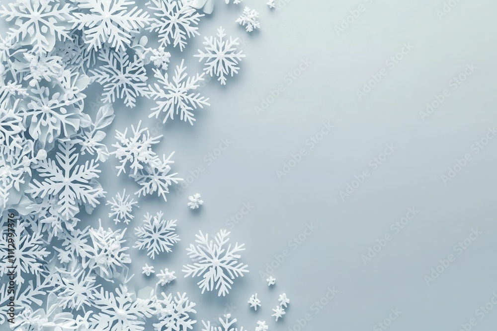 Festive Christmas scene with snowflakes on pastel gray. Winter, New Year theme. Flat lay, top view, copy space Festive Christmas scene with snowflakes on pastel gray. Winter, New Year theme. Flat lay, top view, copy space