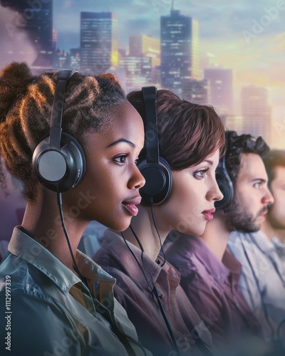 A diverse group of three young adults wearing headphones engaged in focused listening, set against a city skyline. photo