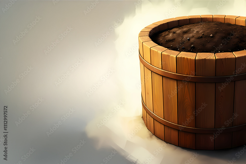 Fresh Dirt Soil in Wooden Bucket Container, Vibrant Wood Grain Fresh Dirt Soil in Wooden Bucket Container, Vibrant Wood Grain