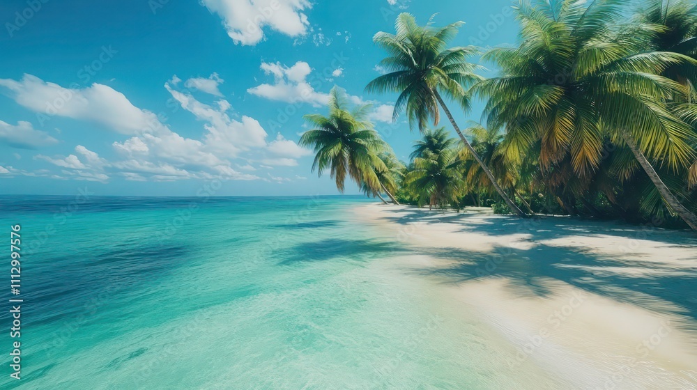 A tropical beach with clear blue water and tall palm trees, viewed from a drone perspective for a vibrant view.