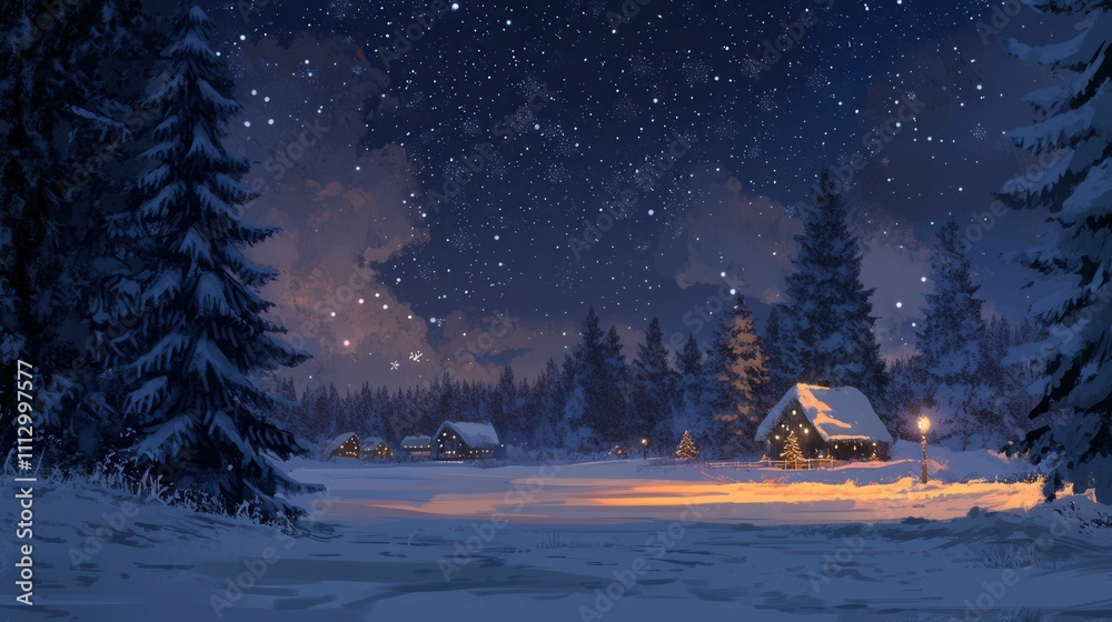 Naklejka premium Fir branches in a snowy forest at night