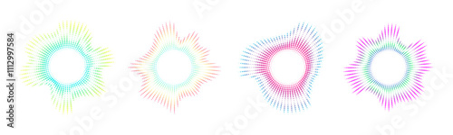 A set of neon dot circular equalizers. Audio multicolor sound circle waves Musical symbol. Vector sound radial spectrum.