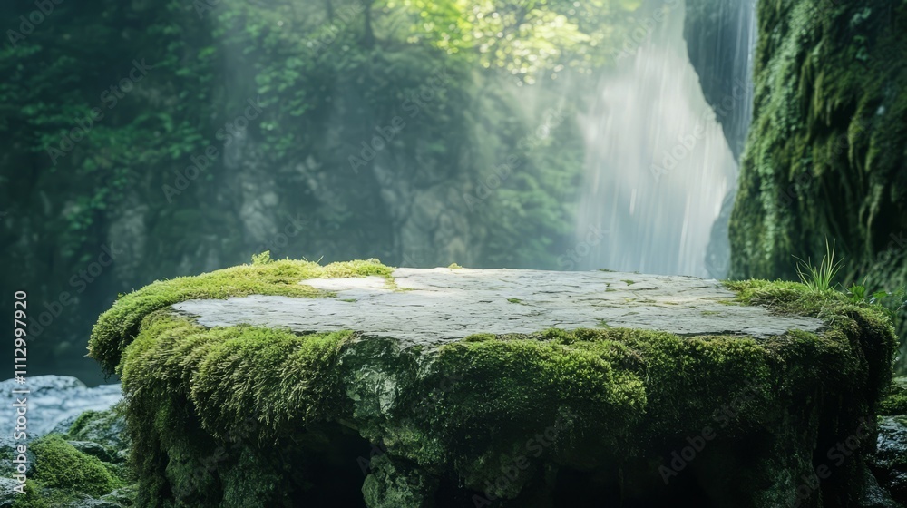 space, podium with water flowing from the waterfall space, podium with water flowing from the waterfall