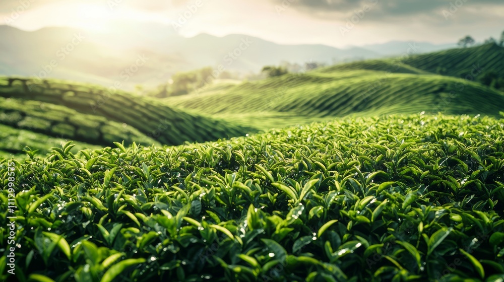Fototapeta premium Vibrant tea plantation landscape under sunlight