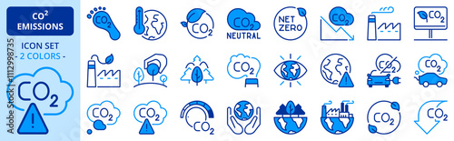 Icons in two colors about co2 emissions