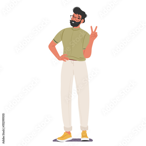 Adult bearded man cartoon character showing v-sign victory gesture with hands isolated on white