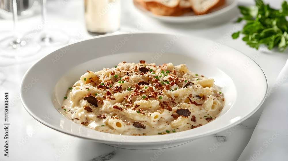Truffle Mac and Cheese with Toasted Panko and Chives, Comfort Food Photography Truffle Mac and Cheese with Toasted Panko and Chives, Comfort Food Photography