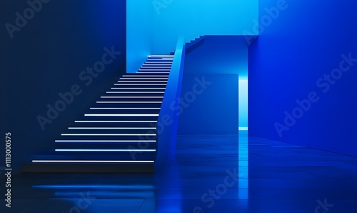 Stairs glowing with neon lights, ascending a large, vibrant blue wall