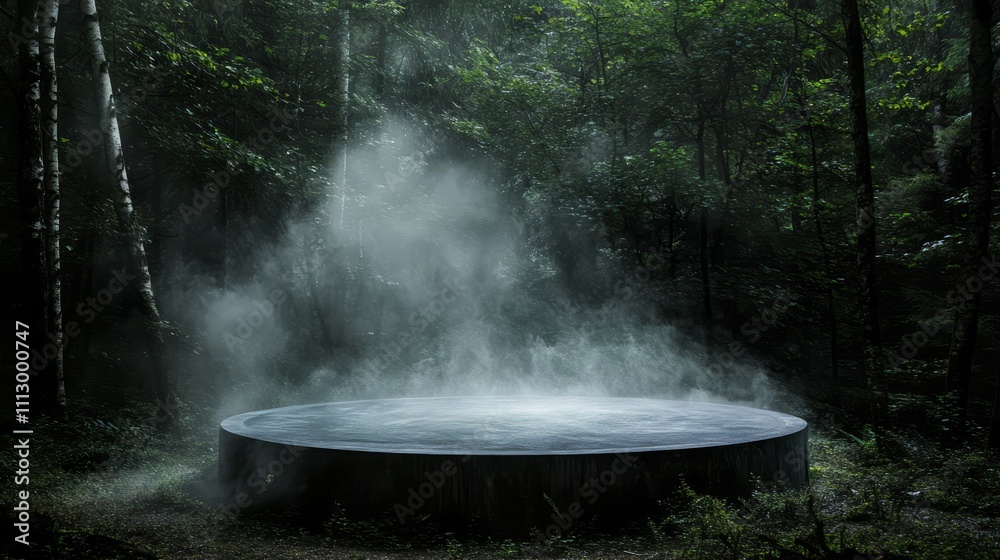 A black stone podium in the fog in the forest A black stone podium in the fog in the forest