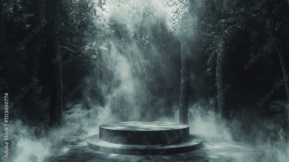 A black stone podium in the fog in the forest A black stone podium in the fog in the forest