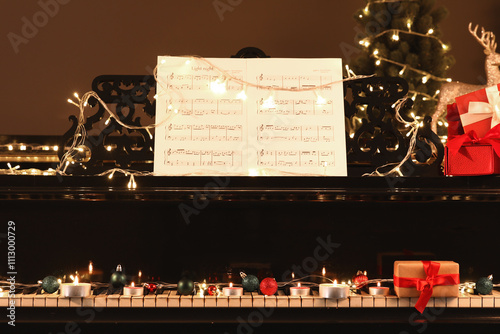 Piano with Christmas balls,...
