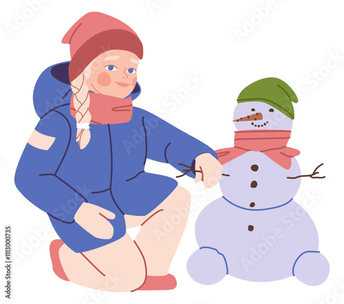 A girl in winter near a snowman. Making a snowman out of snow. Flat vector illustration. Eps10