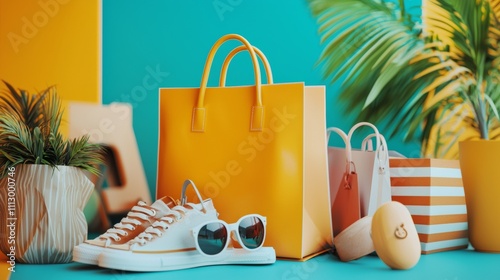 Stylish shopping bags with sunglasses and sneakers photo