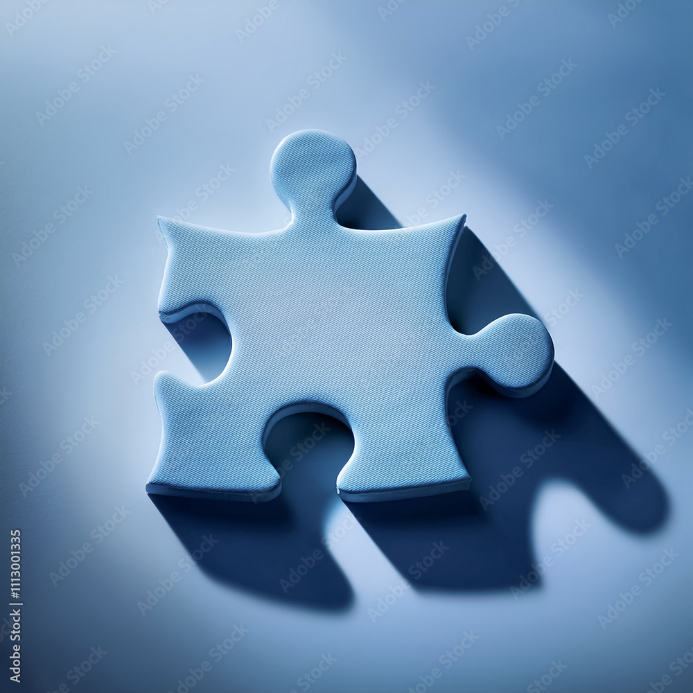 A single puzzle piece is placed on a solid colored surface A single puzzle piece is placed on a solid colored surface