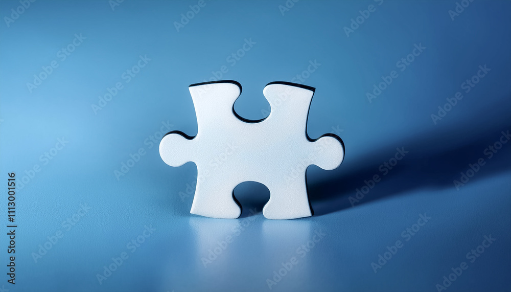 A single puzzle piece is placed on a solid colored surface A single puzzle piece is placed on a solid colored surface