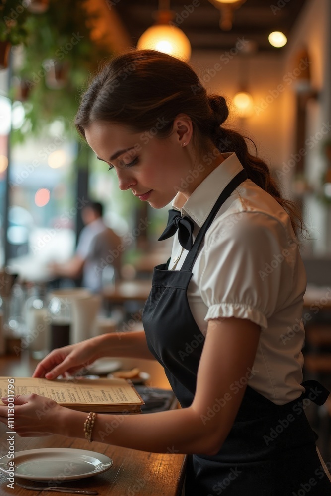 Attentive Waitress in Elegant Uniform Taking Orders in a Cozy Restaurant with Warm Lighting and Stylish Interior, Showcasing Professionalism in Hospitality Service Attentive Waitress in Elegant Uniform Taking Orders in a Cozy Restaurant with Warm Lighting and Stylish Interior, Showcasing Professionalism in Hospitality Service