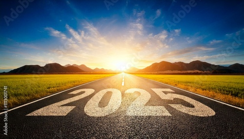 2025 new year. a road to the sunset