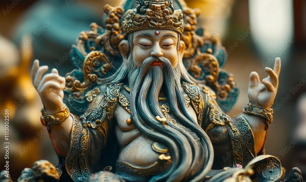 Obraz premium Ornate statue, regal figure, long beard, serene pose.
