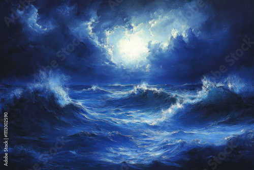 Stormy ocean with moonlit sky in a painting, capturing powerful waves crashing against rocks under a dramatic, cloudy night sky.