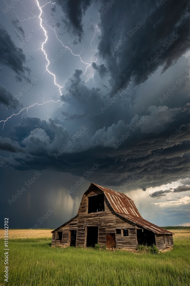 Fototapeta premium Abandoned barn with storm clouds converging overhead, nebraska, united states of america