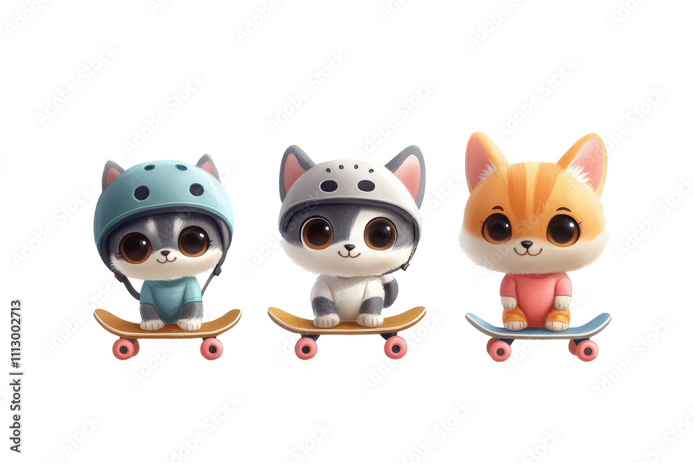 Set of cute cats in a helmet and on a skateboard on a white background Set of cute cats in a helmet and on a skateboard on a white background