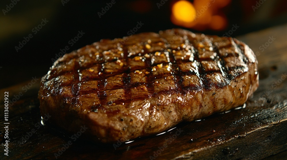 A perfectly grilled steak with a seared pattern, resting on a wooden surface. A perfectly grilled steak with a seared pattern, resting on a wooden surface.