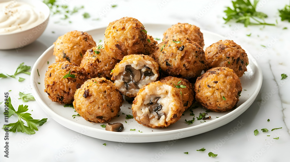 Wild Mushroom and Truffle Arancini with Parmesan Aioli, Italian Appetizer Photography Wild Mushroom and Truffle Arancini with Parmesan Aioli, Italian Appetizer Photography