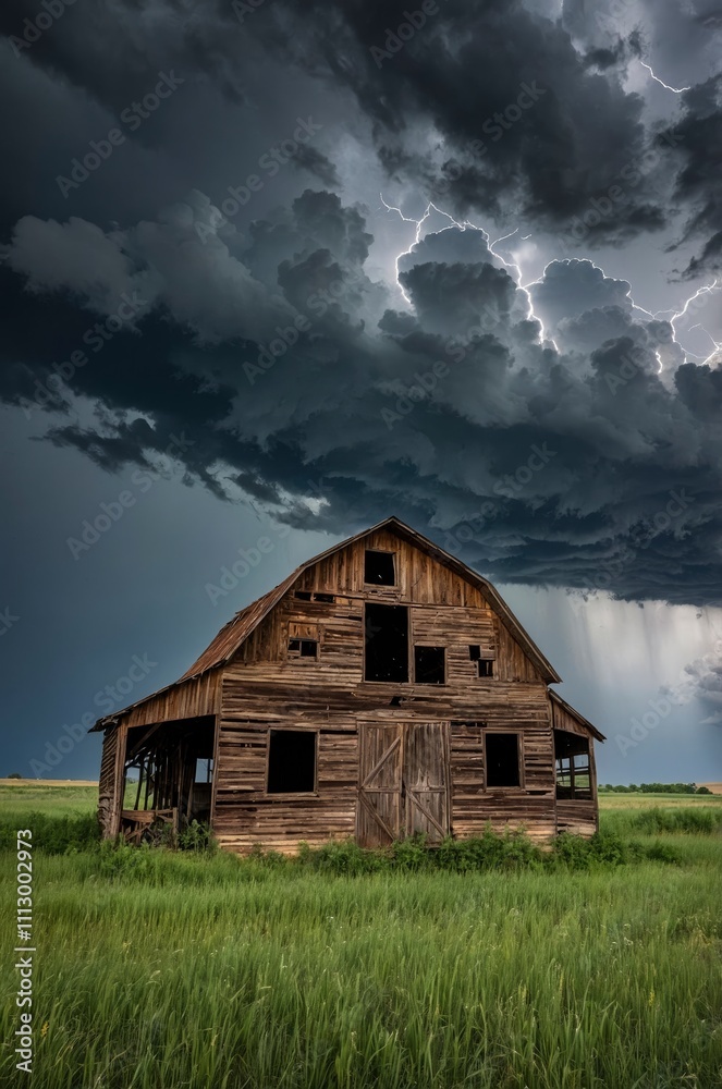 Abandoned barn with storm clouds converging overhead, nebraska, united states of america Abandoned barn with storm clouds converging overhead, nebraska, united states of america