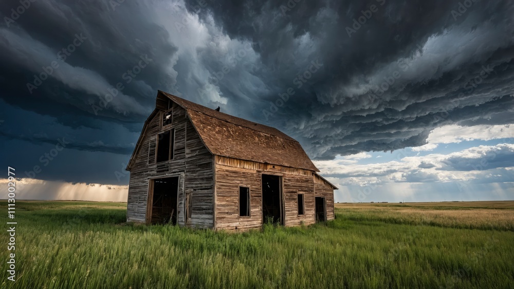 Abandoned barn with storm clouds converging overhead, nebraska, united states of america