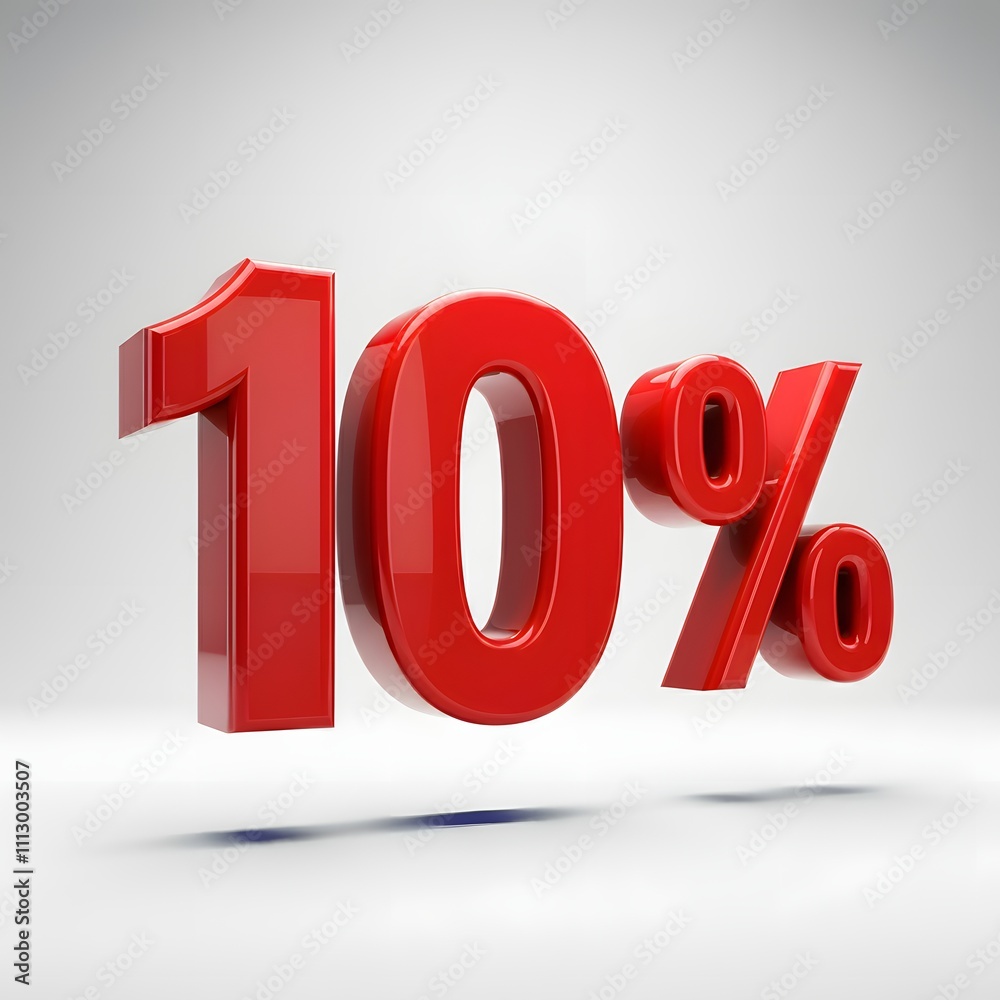 3D bold red text reading '10%' with a glossy finish and floating shadow effect, highlighted by rim lighting. Presented on a pure white background, offering a sleek and professional promotional design 3D bold red text reading '10%' with a glossy finish and floating shadow effect, highlighted by rim lighting. Presented on a pure white background, offering a sleek and professional promotional design