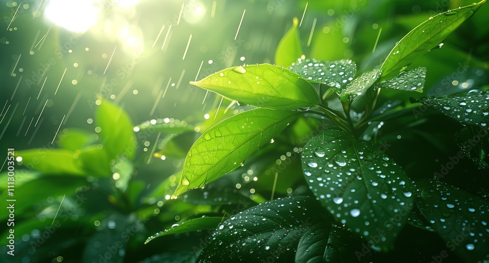 Green leaves of a plant wet with water drops in the rain Green leaves of a plant wet with water drops in the rain