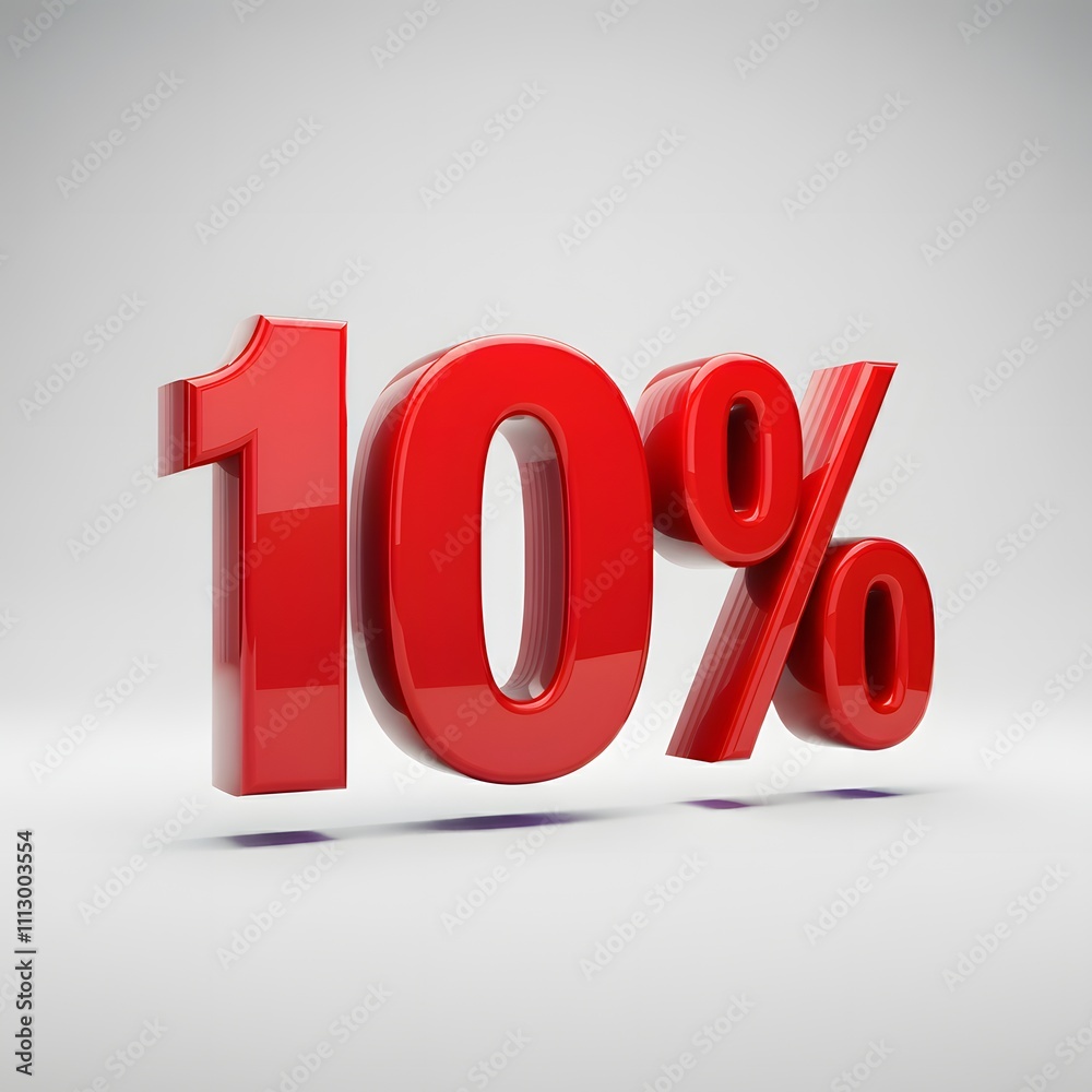 3D bold red text reading '10%' with a glossy finish and floating shadow effect, highlighted by rim lighting. Presented on a pure white background, offering a sleek and professional promotional design 3D bold red text reading '10%' with a glossy finish and floating shadow effect, highlighted by rim lighting. Presented on a pure white background, offering a sleek and professional promotional design