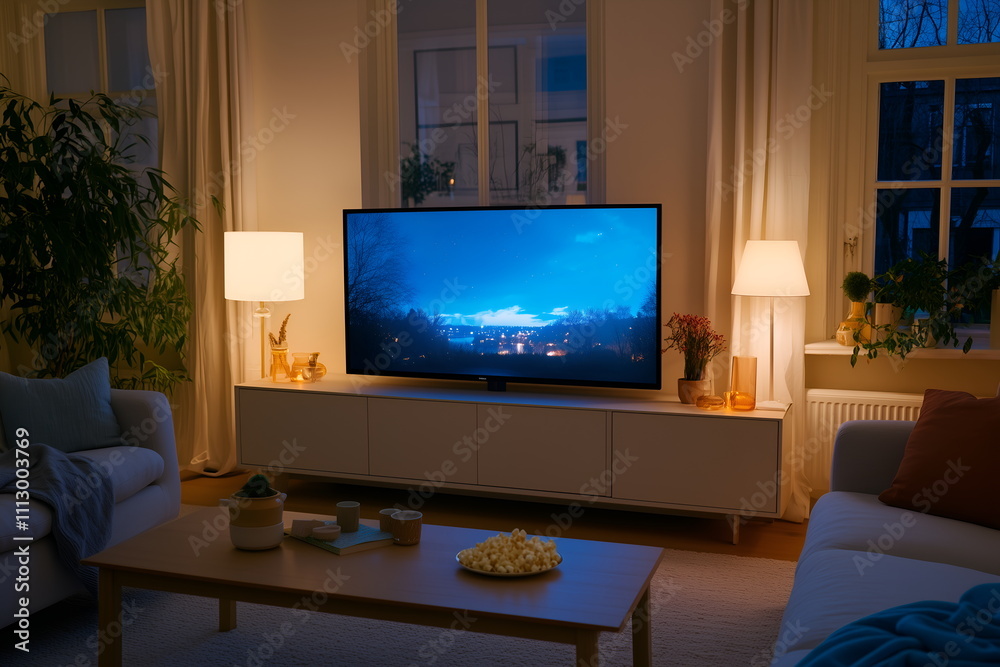 Fototapeta premium A creative home cinema setup with a vintage projector, old movie posters on the walls, and a cozy, retro-style living room