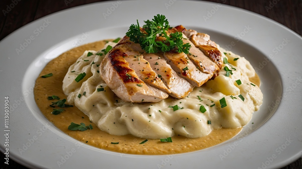 chicken breast in a creamy sauce with mashed potatoes chicken breast in a creamy sauce with mashed potatoes