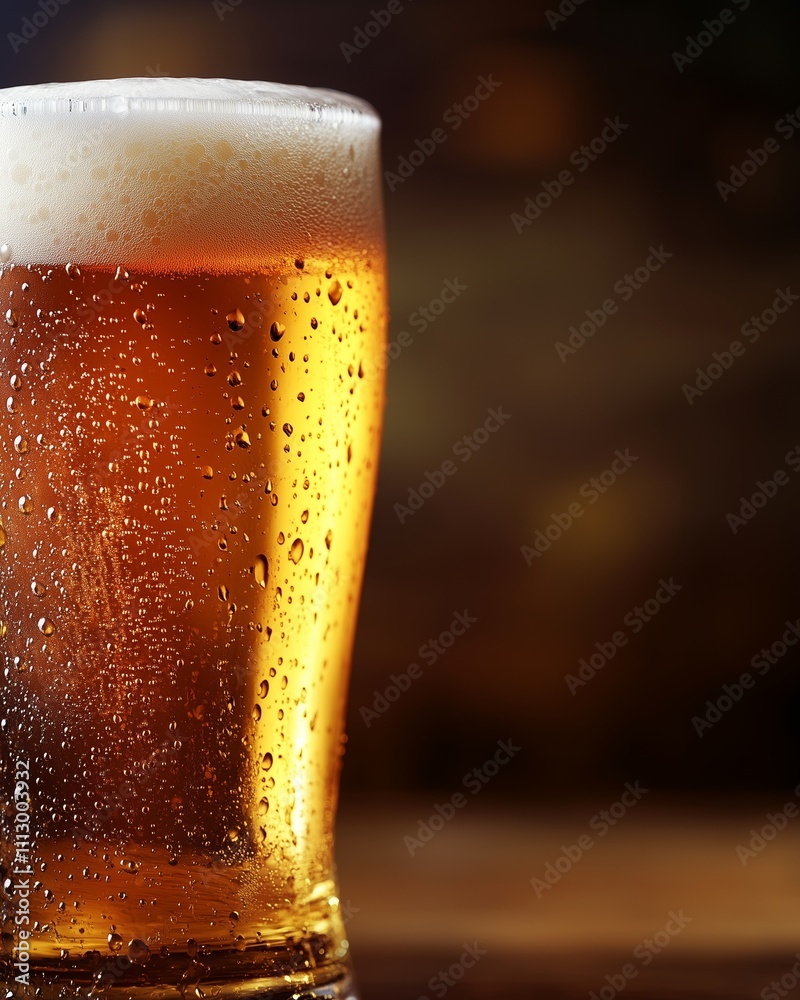 A close-up of golden beer with bubbles, set on a rustic table, invites a refreshing experience. A close-up of golden beer with bubbles, set on a rustic table, invites a refreshing experience.
