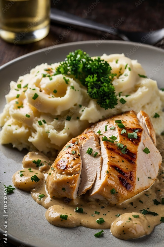 chicken breast in a creamy sauce with mashed potatoes chicken breast in a creamy sauce with mashed potatoes