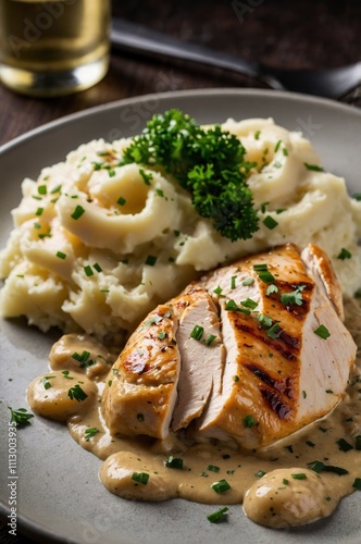 chicken breast in a creamy sauce with mashed potatoes 