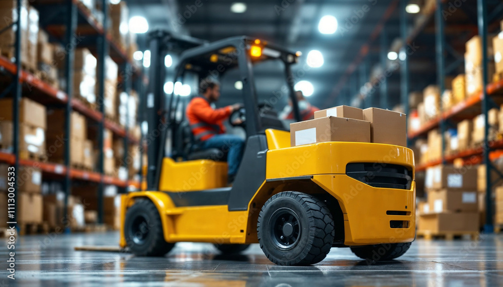A yellow forklift lifts a pallet in a busy warehouse, showcasing logistics in action. A yellow forklift lifts a pallet in a busy warehouse, showcasing logistics in action.