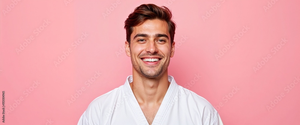 Obraz premium Smiling man in white karate uniform against pink background