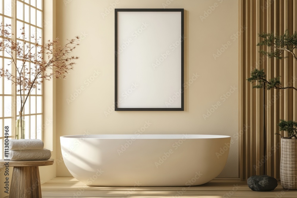 Fototapeta premium Elegant minimalist bathroom design with a freestanding tub and natural light