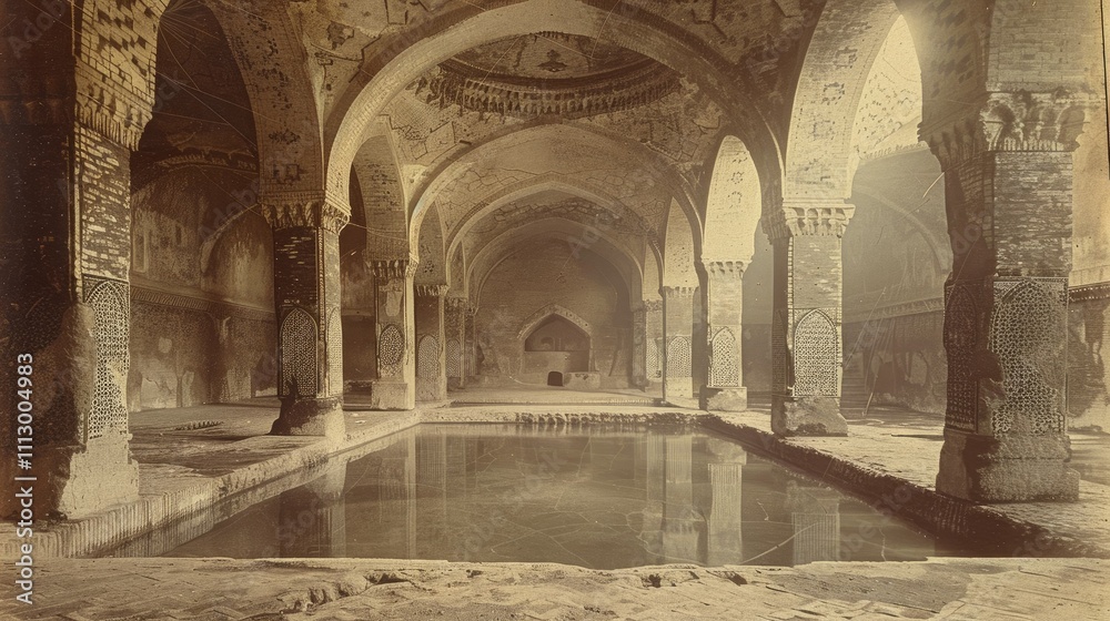 Obraz premium Ancient bathhouse interior; ornate columns, arched ceilings, reflecting pool.