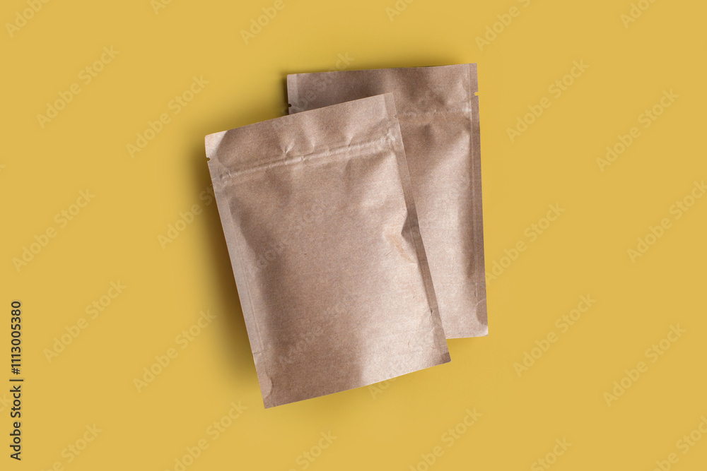 Kraft paper empty bags isolated in brown card box mock up on yellow background. Eco friendly pack with zipper, roasted specialty coffee beans, tea, snack, trendy concept. top view, flat lay Kraft paper empty bags isolated in brown card box mock up on yellow background. Eco friendly pack with zipper, roasted specialty coffee beans, tea, snack, trendy concept. top view, flat lay