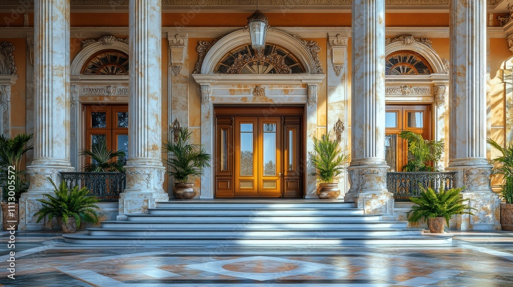 Elegant entrance of a grand building with ornate columns and lush plants. Elegant entrance of a grand building with ornate columns and lush plants.