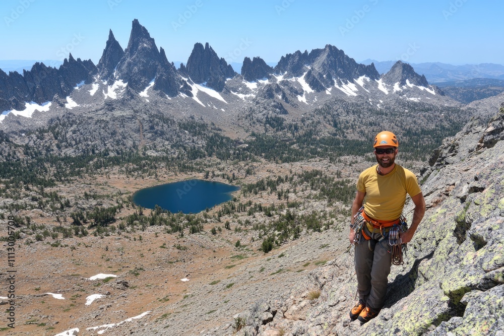 Male climber on mountain with view of lake and jagged peaks Male climber on mountain with view of lake and jagged peaks
