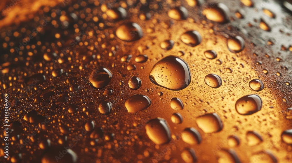 Water droplets gather on a surface, creating an aesthetically pleasing close-up of various sizes and shapes. The warm tones enhance the textural details of the scene effectively