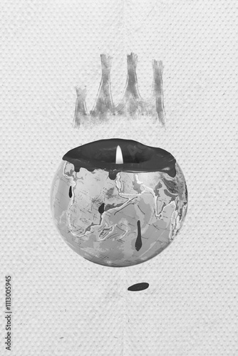 Fototapeta Naklejka Na Ścianę i Meble -  Collage photo concept of world hot climate changing candle fire inside planet earth bloody drops environment problems isolated on painted background